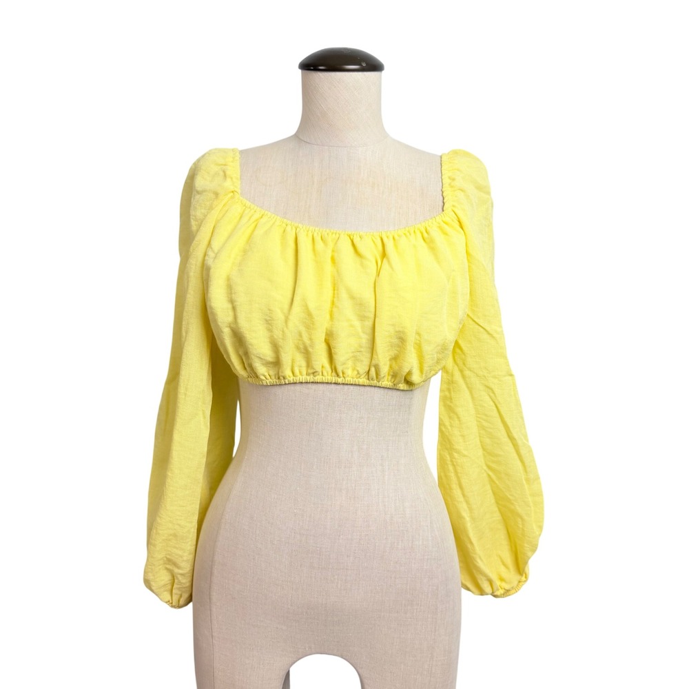 Kourt Yellow Long Puff Sleeve Square Neck Crop Top NWT Medium Resort Romantic